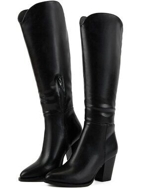 🆕 Women Black Faux Leather Knee High Block Heel Western Cowboy Boot Shoes